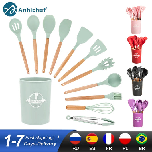 Silicone Kitchen Utensils Set with Wooden Handles - Non-Stick Cookware Essentials