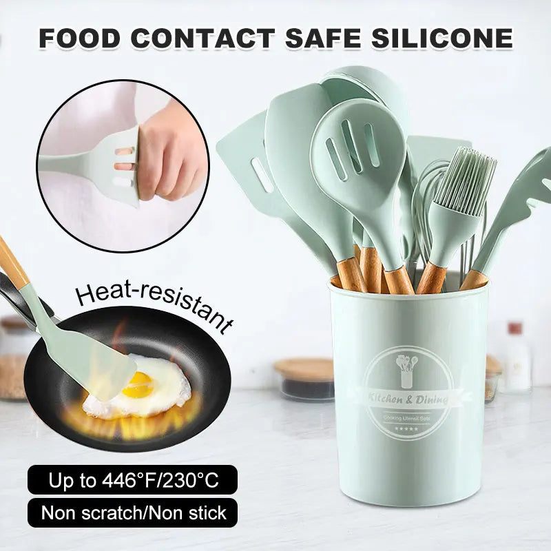 Silicone Kitchen Utensils Set with Wooden Handles - Non-Stick Cookware Essentials