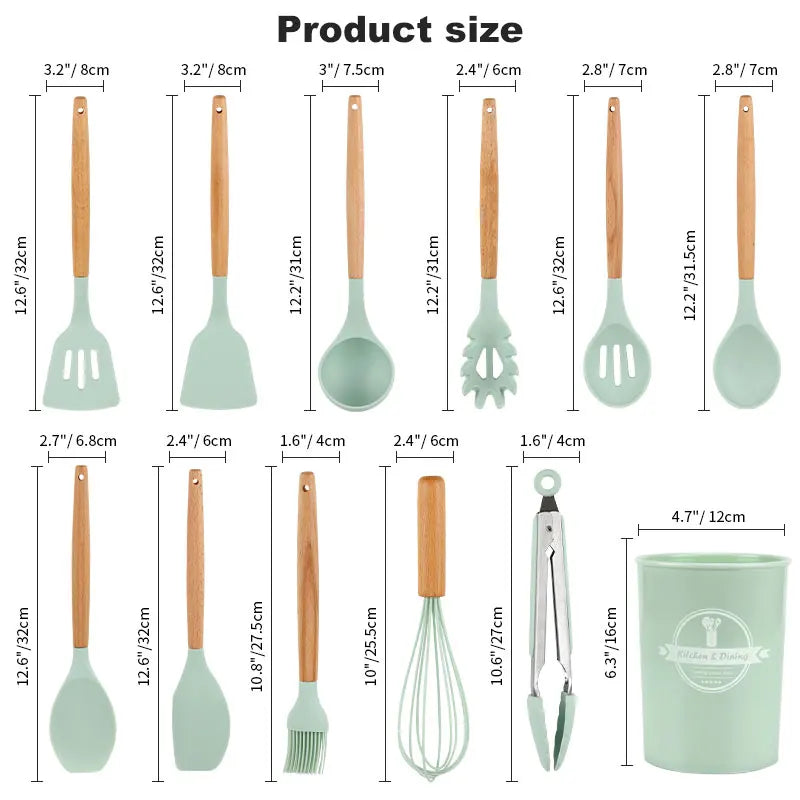 Silicone Kitchen Utensils Set with Wooden Handles - Non-Stick Cookware Essentials